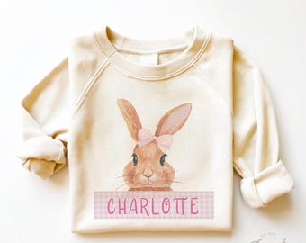 Girls Easter Sweatshirt - Personalized Easter Bunny Pullover - Spring Natural Crew Neck