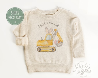 Sweat-shirt garçon Pâques pour enfant - Pull pour tout-petit garçon oeuf-cavator - T-shirt de Pâques rigolo - Col ras du cou pour enfant naturel