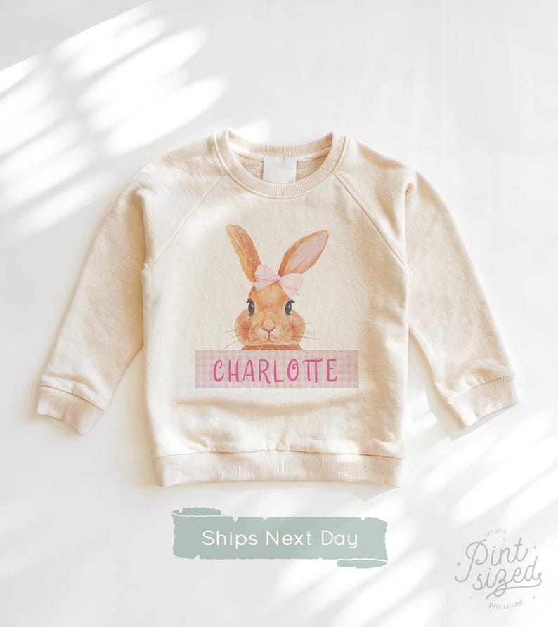 Girls Easter Sweatshirt Personalized Easter Bunny Pullover Spring Natural Crew Neck Natural Sweatshirt