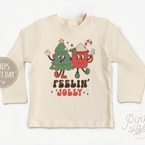 Feeling Jolly Long Sleeve Toddler Shirt - Retro Christmas Kids Shirt - Cute Natural Toddler Tee