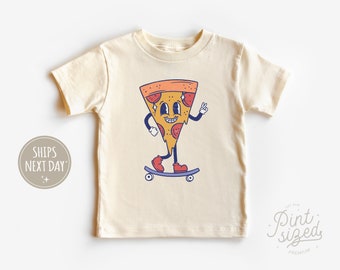 Funny Pizza Toddler Shirt - Retro Skateboard Tee - Cute Natural Kids Shirt