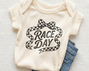 Race Day Baby Onesie - Cute Checkered Bow Racing Bodysuit