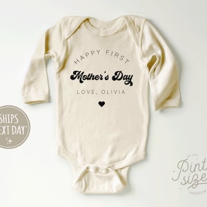 Happy First Mothers Day Baby Onesie® Personalized First Mothers Day Natural Bodysuit Mothers Day Date Onesie® Long Sleeve Natural Onesie