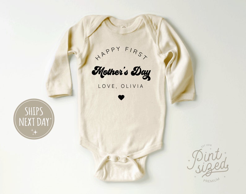 Happy First Mothers Day Baby Onesie® Personalized First Mothers Day Natural Bodysuit Mothers Day Date Onesie® Long Sleeve Natural Onesie