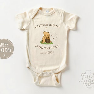 A little Hunny Is On The Way Custom Announcement Baby Onesie® - Personalized Pooh Bear Bodysuit - Natural Coming Soon Onesie®