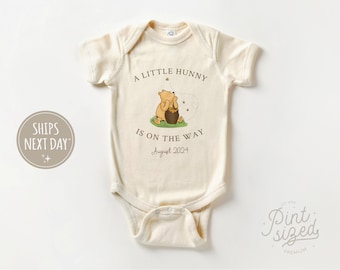 A little Honey Is On The Way Custom Announcement Baby Onesie® - Personalized Pooh Bear Bodysuit - Natural Coming Soon Onesie®