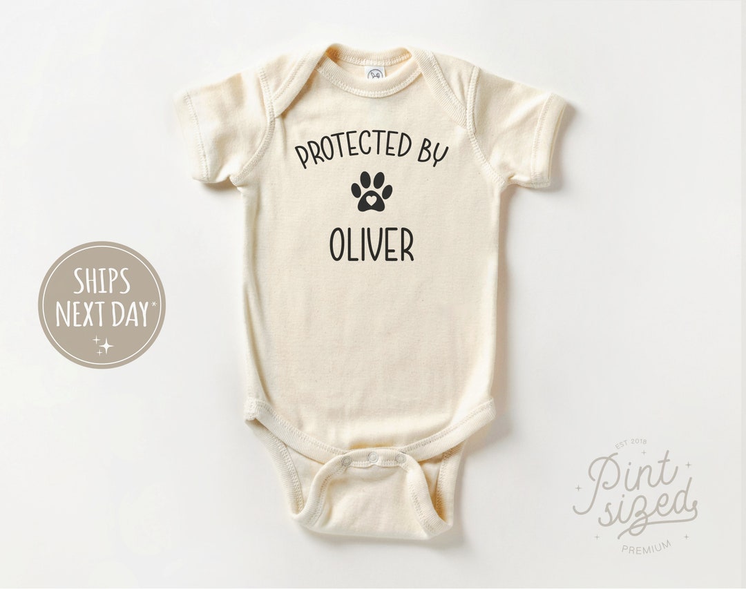 Protected by Dog Baby Onesie® Cute Personalized Bodysuit Natural Custom