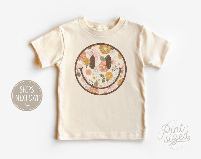 Retro Smiley Face Toddler Shirt Floral Hippie Kids Tee Spring Natural Shirt image 1