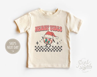 Merry Vibes Kids Shirt - Retro Christmas Kids Tee - Cute Holiday Natural Toddler Tee