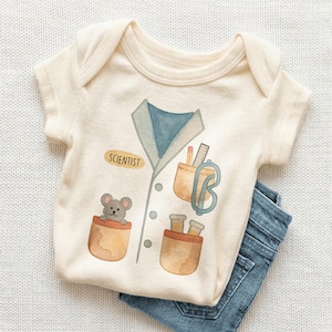 May include: Cream-colored baby onesie with a watercolor design of a lab coat, pockets, and science tools. A gray mouse peeks out of a pocket. The word "SCIENTIST" is printed on the front. Blue denim jeans are folded next to the onesie.