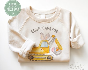 Boys Easter Kids Sweatshirt - Eggs-Cavator Boys Toddler Pullover - Funny Easter Tee - Natural Kids Crew Neck