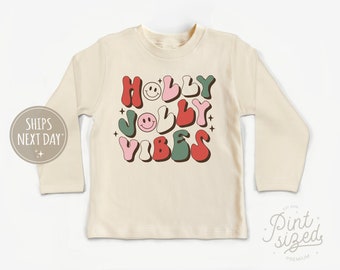 Holly Jolly Vibes Long Sleeve Toddler Shirt - Retro Christmas Kids Shirt - Cute Natural Toddler Tee