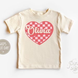 Custom Love Heart Toddler Shirt - Cute Retro Valentines Day Kids Tee - Personalized Natural Valentines Shirt