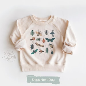 May include: Cream-colored sweatshirt with raglan sleeves featuring a collection of illustrated insects in various colors. The design includes beetles, butterflies, and other bugs. The text "Pint Sized Premium" is on the left side of the sweatshirt.