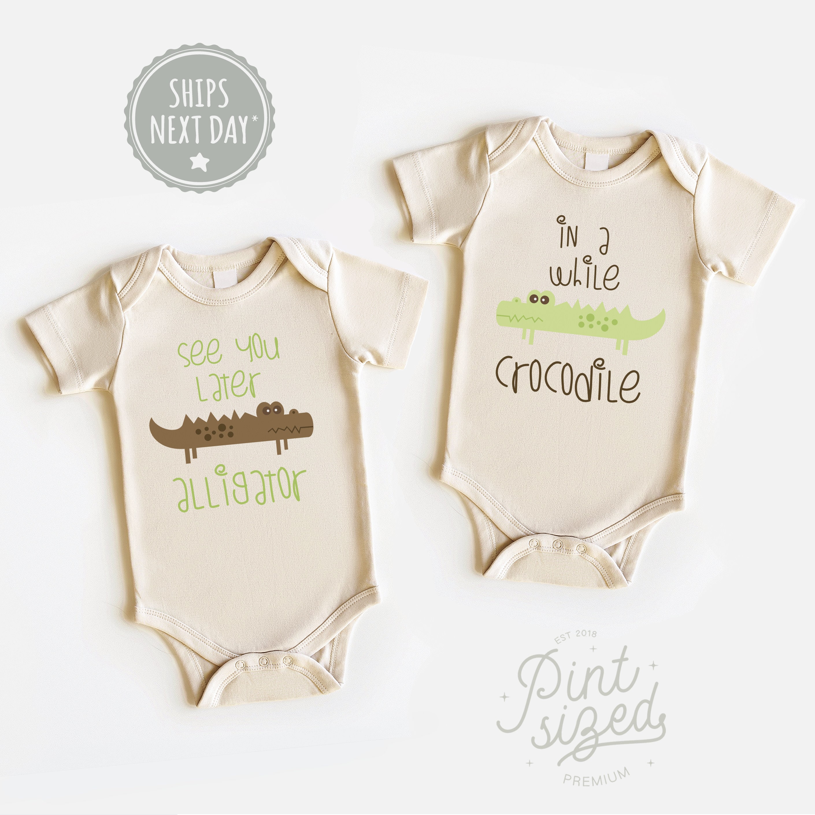 Twin Onesie Set® - See You Later Alligator- In A While Crocodile Twin Onesies® - Funny- Cute Twin Baby Onesies®