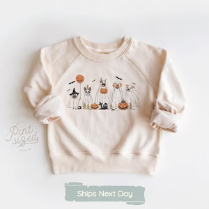 Halloween Dogs Toddler Sweatshirt - Retro Funny Dog Ghost Halloween Kids Shirt - Halloween Boy Girl Natural Tee