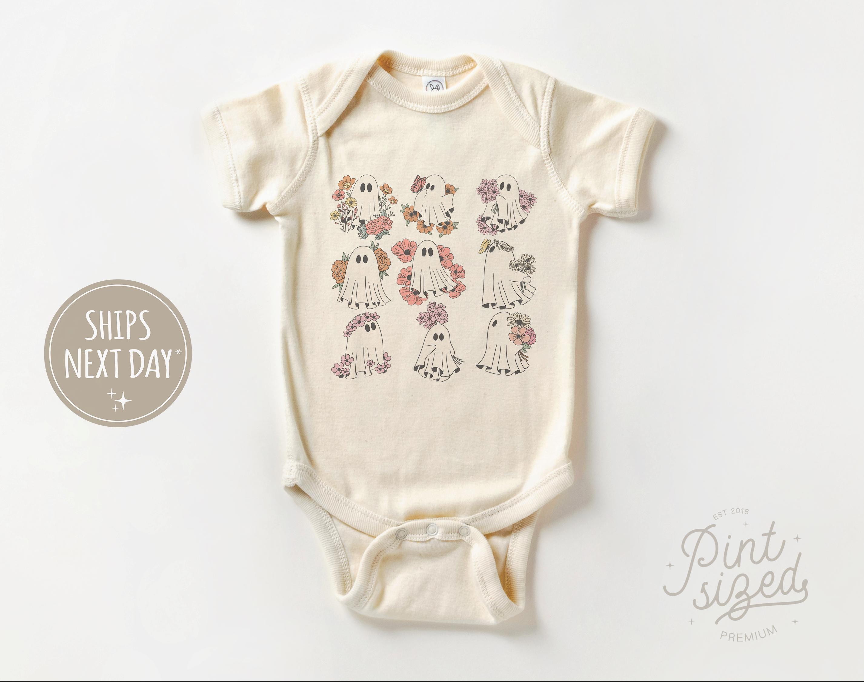 Cute Ghost and Flowers Onesie® - Retro Girls Halloween Bodysuit - Cute Ghost Natural Baby Onesie®