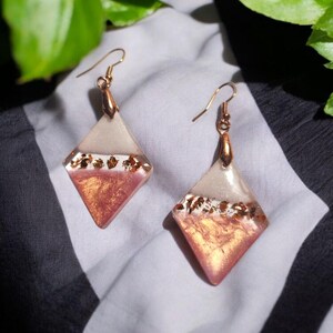 Handcrafted Resin Dangle Earrings: Rose Gold Leaf Flakes