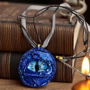 Handmade Polymer Clay Dragon Eye Necklace: Blue Rhinestone Pendant