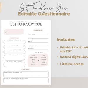 Puede incluir: Un cuestionario imprimible "Conóceme" con secciones para información de fondo, cosas favoritas y preguntas de "esto o aquello". El cuestionario está diseñado para papel tamaño carta de 8,5 x 11 pulgadas e incluye descarga digital instantánea y acceso de por vida.