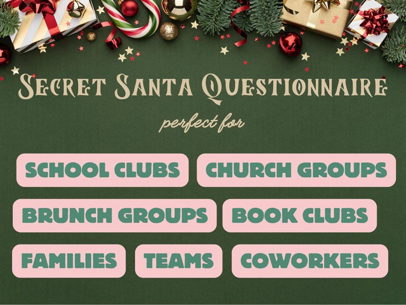 Secret Santa Questionnaire Printable, Gift Exchange Office Secret Santa ...