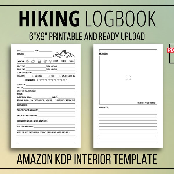 Hiking Log Book KDP Interior Commercial Use Ready to Upload PDF Template 109 Pages 6x9 Inch | Low Content Book Template | Digital Printable