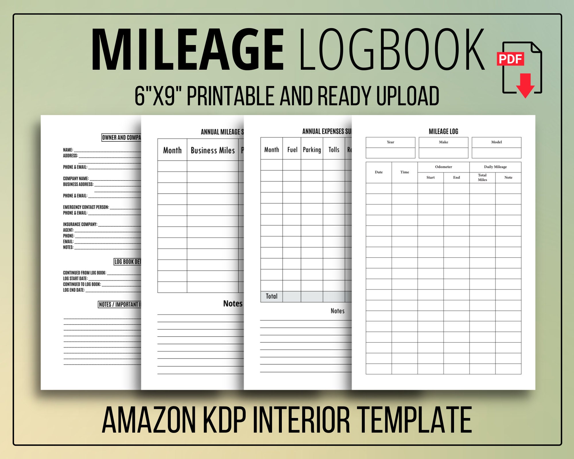 Mileage Log Book KDP Interior Commercial Use Ready to Upload PDF