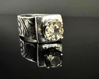 Handmade Fine Silver Citrine Ring, Oxidized Botanical Wide Band Ring, .999 Silver Statement Ring, Yellow Gemstone Jewelry