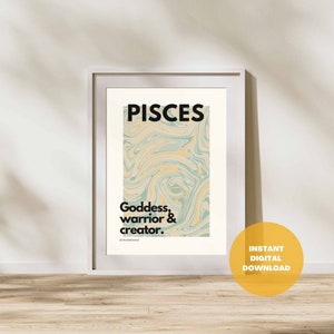 Pisces Zodiac Affirmations Printable Wall Art Retro Reminders Goddess Warrior Creator Subtle Modern Urban Water Sign Beige