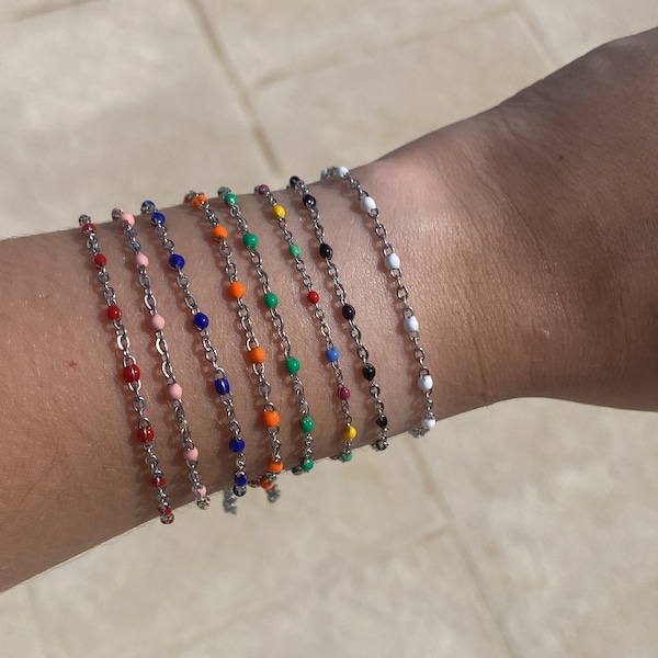 Bracelets argentés émaillés acier inoxydable, bracelets billes couleurs