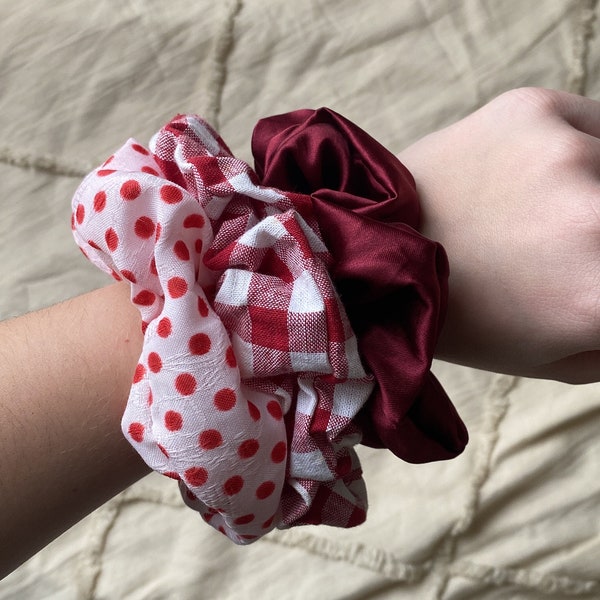 chouchous scrunchies fait main, rouge/rose, satin, pois, vichy