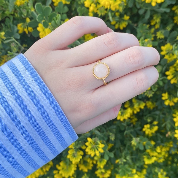 Bague réglable dorée pierre naturelle Quartz rose acier inoxydable