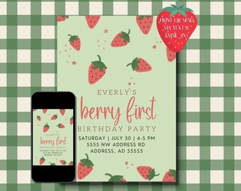 Berry First Birthday Party - Strawberries, Editable, Aesthetic, Instant Digital Download