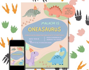 Oneasaurus erster Geburtstag Einladung - digitaler Download, bearbeitbar, Dinosaurier, Mädchen Geburtstag