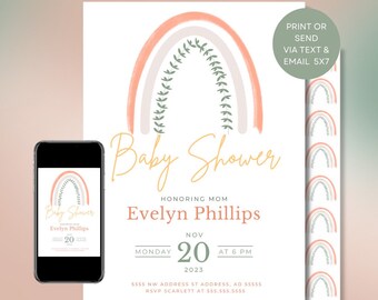 Boho Rainbow Baby Shower Invitation - Digital Download, Boho, Rainbow, Aesthetic