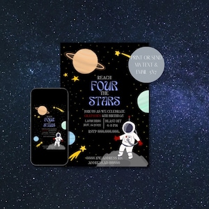 Reach FOUR the Stars Birthday Invite - Editable, Space, Astronaut, Fourth Birthday, Digital Download