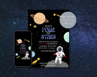 Reach FOUR the Stars Birthday Invite - Editable, Space, Astronaut, Fourth Birthday, Digital Download