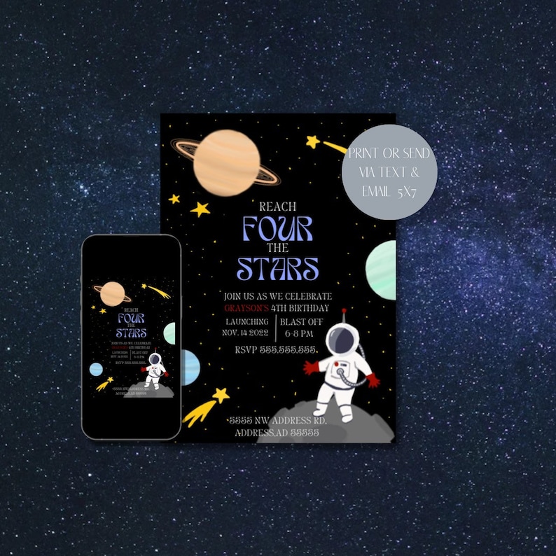 Reach FOUR the Stars Birthday Invite - Editable, Space, Astronaut ...