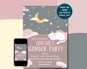 Slumber Party Editable Invitation - Colorful, Aesthetic, Instant Digital Download, Cat