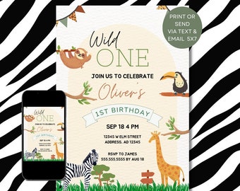 Invitación de cumpleaños Wild One - Descarga digital, Editable, Animales