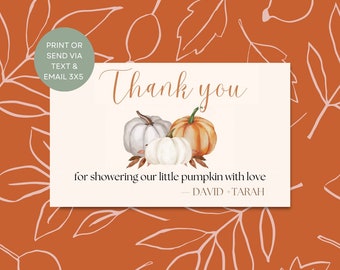Tarjeta de agradecimiento Little Pumpkin Baby Shower - Editable, Estética, Otoño, Otoño