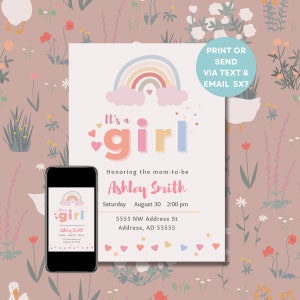 Its a Girl Baby Shower Invitation - Digital Download, Boho, Rainbow, Aesthetic