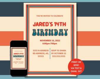Invitación retro editable para niños - Descarga digital instantánea, Fiesta de cumpleaños, Estética retro