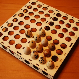 Könnte beinhalten: Ein Eiertablett aus Holz mit einem Gitter aus runden Löchern. Das Tablett ist mit kleinen, gefleckten Wachteleiern gefüllt.