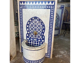 Moroccan Blue & White Handcraft Natural Decor water Fountain, Atlas Bohemian Ceramic Art Outdoor Garden Fountain,Mosaic wall Indoor Fountain