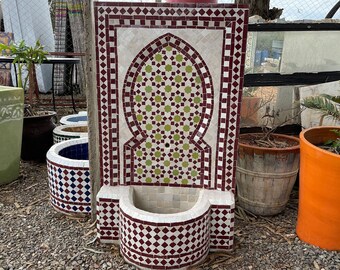 Moroccan Berber Hand crafted Natural Decor water Fountain, Atlas Boujaad Ceramic Garden tile Fountain, Unique Artwork Mosaic wall Fountain