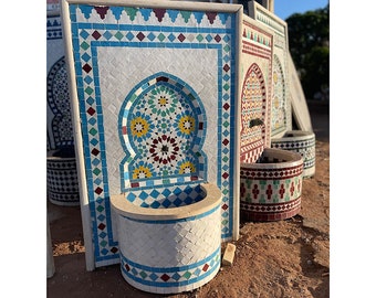 Moroccan unique Ceramic Garden Tile Fountain, Unique Mosaic Luxurious Zellij wall Fountain, Blue Atlas Traditional Outdoor Water Fountain