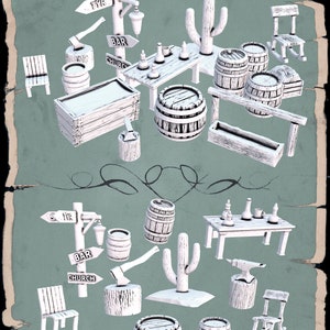 Puede incluir: Una colección de accesorios medievales de madera pintados de blanco, que incluyen barriles, sillas, mesas, un cactus, un poste indicador y un abrevadero. Los accesorios son perfectos para juegos de mesa o dioramas en miniatura.