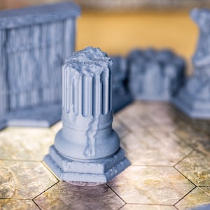 May include: A grey, 3D printed, miniature column with a weathered, textured surface. The column is on a hexagonal tile with a brown and grey pattern.