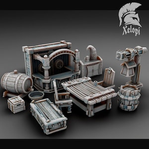 Puede incluir: Un conjunto de muebles de taberna de madera pintados de blanco para juegos de mesa. El conjunto incluye una barra, mesas, sillas, barriles y una farola.